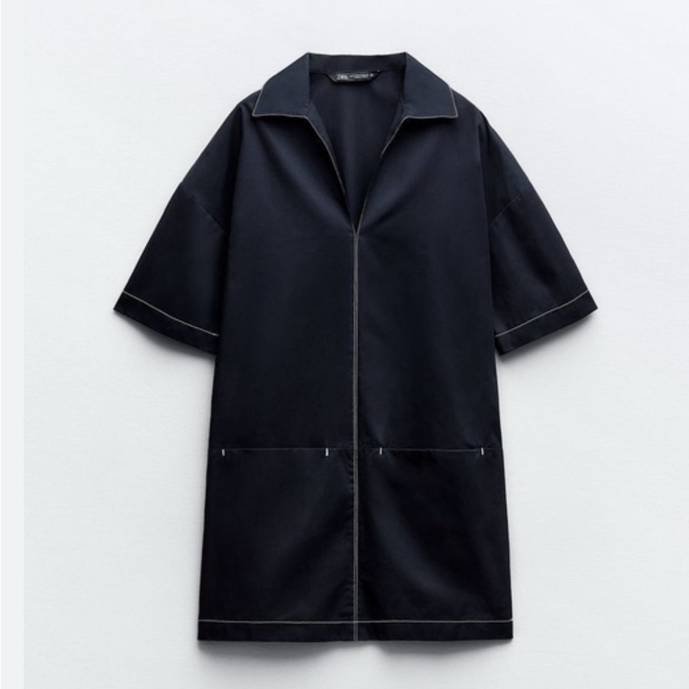 Zara POPLIN DRESS WITH CONTRAST TOPSTITCHING Navy blue xs - Picture 1 of 9